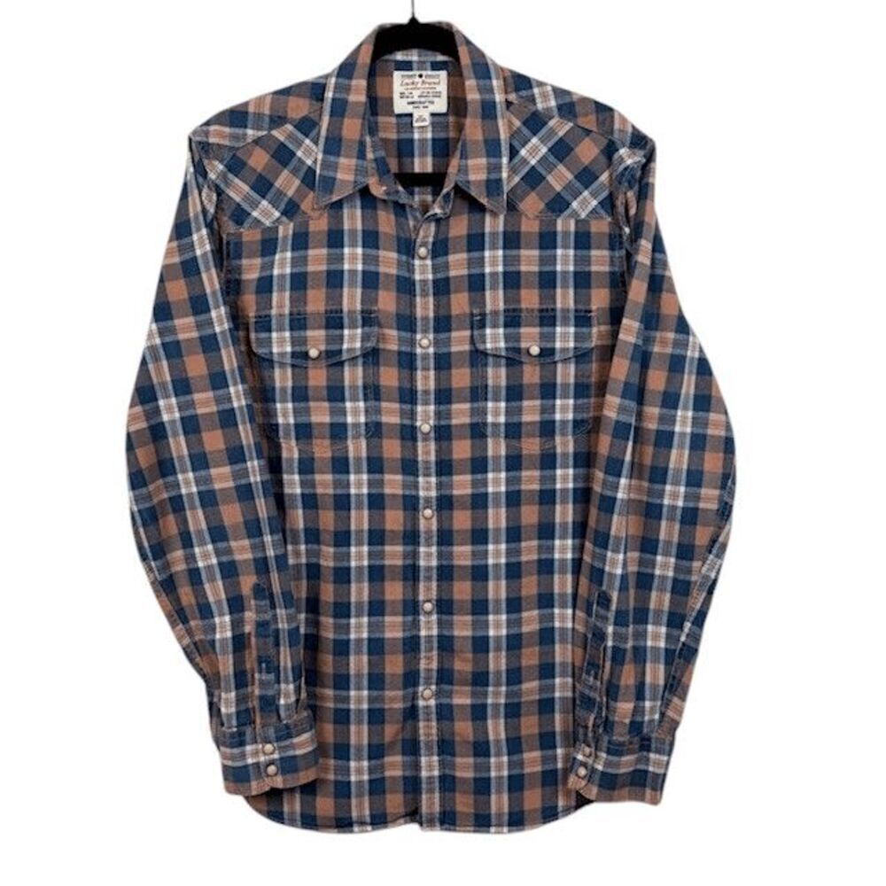 Lucky Brand‎ True Indigo Pearl Snap Western Shirt Blue White Peach Size Medium